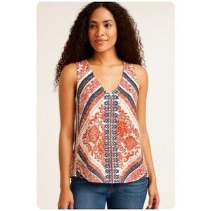 Lucky Brand Top Boho Paisley Sleeveless Summer Blouse 100% Cotton Womens Size M